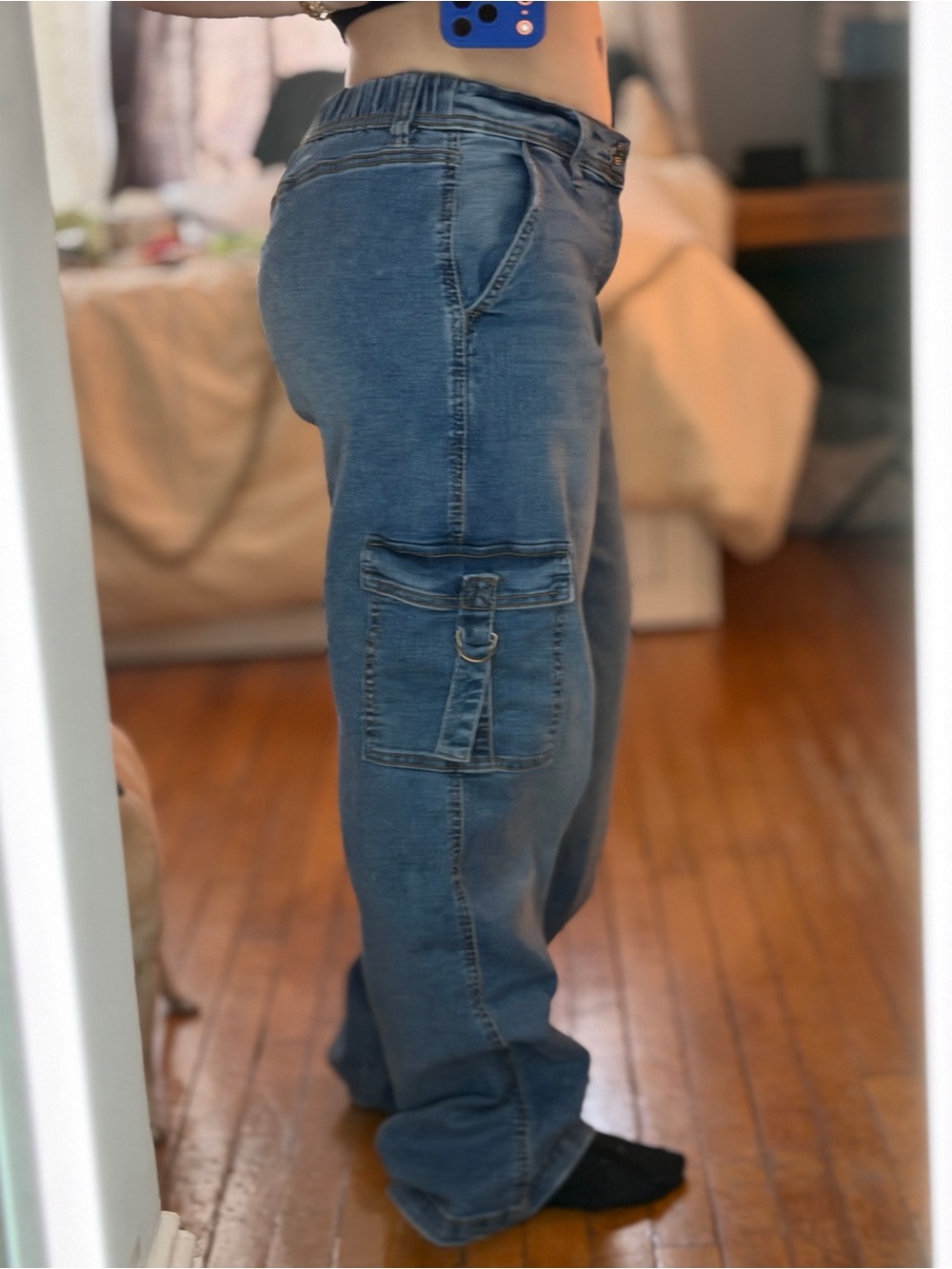 RE Generation wide leg cargo jeans in blue, size M